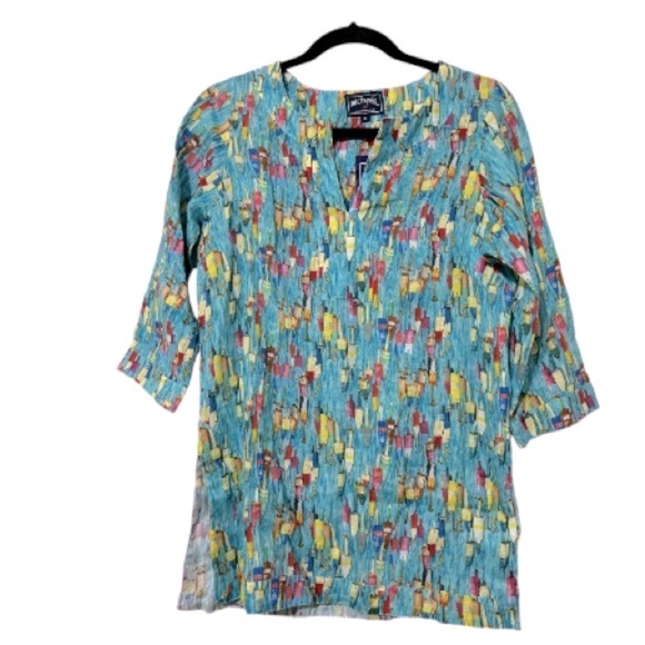 NWT 100% Linen Novelty Print 3/4 Sleeves Tunic Sz XS - Picture 1 of 8